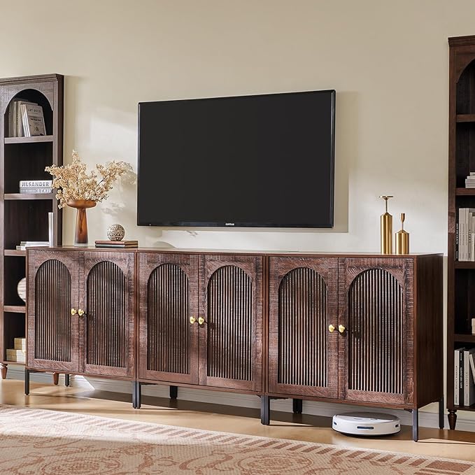 Modern TV Stands for 80 Inch tvs, 92.63" W Wood Entertainment Center w/Adjustable Shelves, Mid Century Modern TV Stand w/Arched Fluted Doors, Media Console Cabinet for Living Room, Brown
