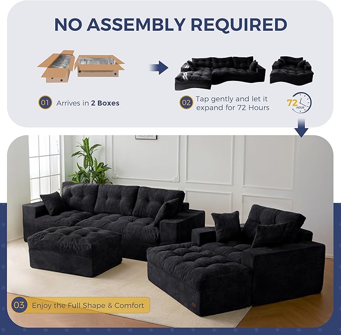 MAXYOYO Sectional Sofa Couch and Chaise Lounge, L Shaped Modern Cloud Couch with Ottoman, Comfy Sofa with Layered Cushion, Tufted Upholstered Sleeper Chair for Living Room, No Assembly Required