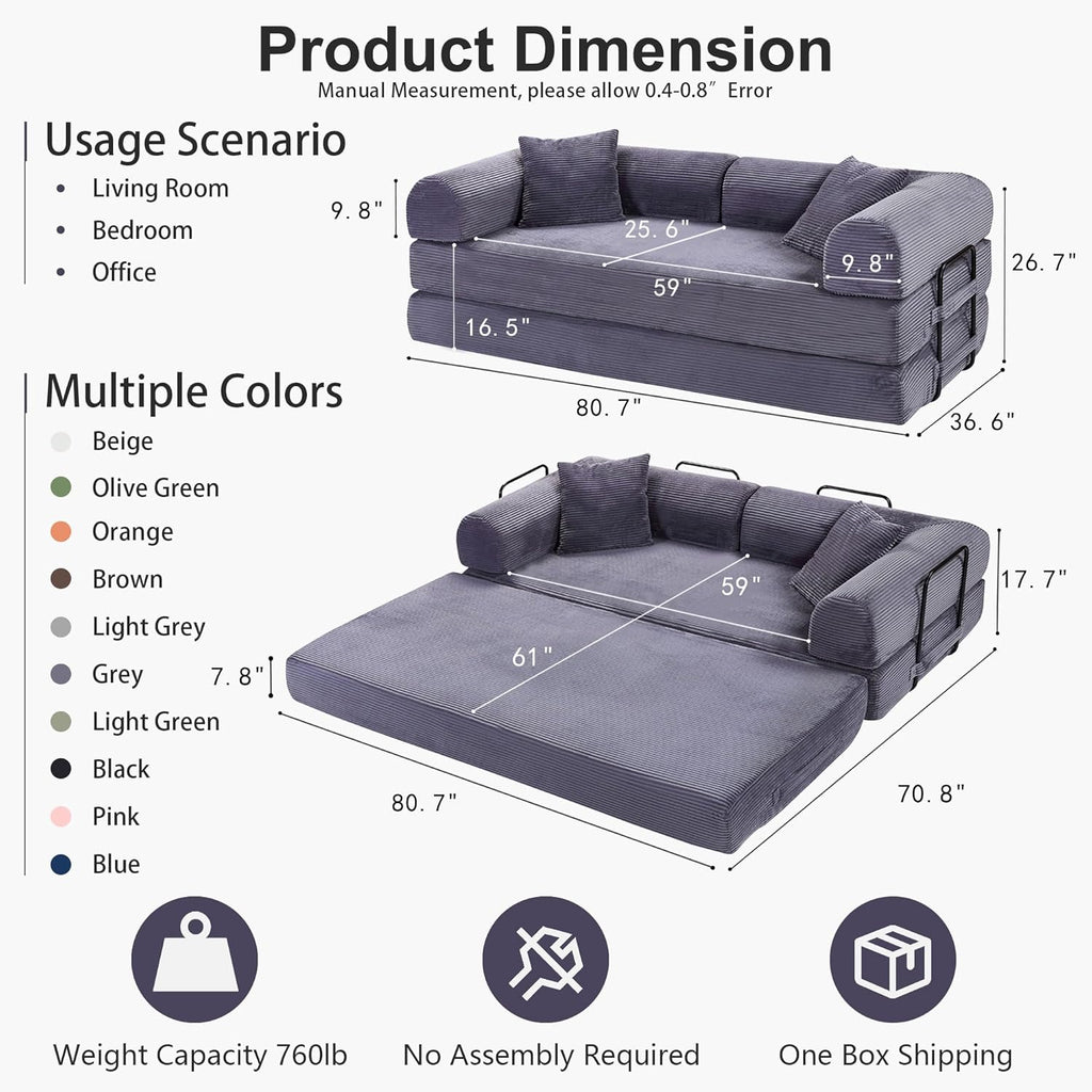 JJJ 78 inch Sofa Bed 4-in-1 Boneless Convertible Corduroy Sleeper Folding Couch with Fixed-Shape Frame and 2 Futons No Assemble Required 3 Seater Upholstered for Living Room (Gray, 78 inch)