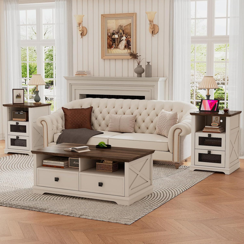 Farmhouse End Table with Charging Station, Nightstand with 2 Drawers & Op...
