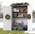 EHHLY Vertical Resin Storage Shed with 2 Shelves, 60 Cuft Garden Tool Sheds & Outdoor Storage, Plastic Outdoor Storage Cabinet Waterproof, 4.5 x 2.3 ft Outside Lawn Mower Storage Shed, Light Grey