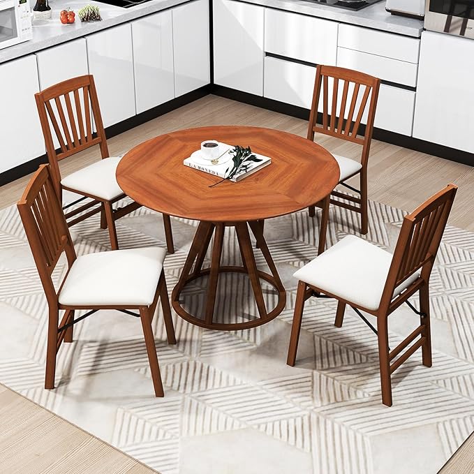 COSTWAY Folding Dining Chairs Set of 2, Upholstered Wooden Dining Room Chairs with Fabric Padded Seat, Solid Wood Frame and 400LBS Capacity for Kitchen Apartment (Beige & Brown)