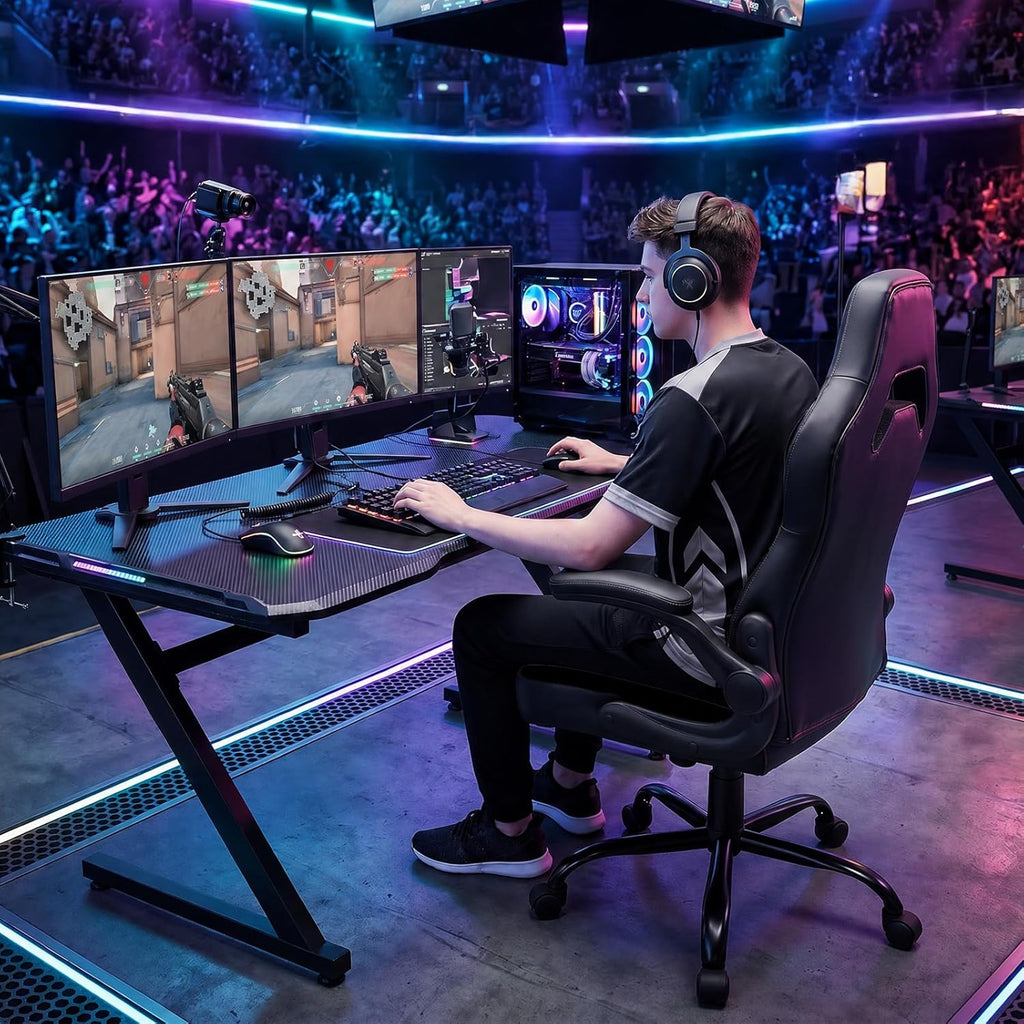 DUMOS Ergonomic Computer Gaming Chair - Home Office Desk with PU Leather Lumbar Support, Height Adjustable Big and Tall Video Game with Flip-up Armrest, Swivel Wheels for Adults, Black