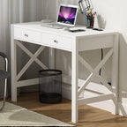 ChooChoo Computer Desk with USB Charging Ports and Power Outlets, 39" White Desk with Drawers, Small Study Writing Table with Stable X Frame for Home Office