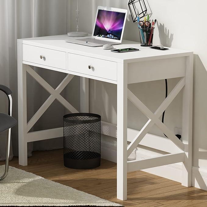 ChooChoo Computer Desk with USB Charging Ports and Power Outlets, 39" White Desk with Drawers, Small Study Writing Table with Stable X Frame for Home Office