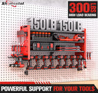 Heavy Duty Power Tool Organizer Wall Mount with Charging Station, Large Garage Organization with 10 cordless Drill Holder, 4 Layers Tool Organizers and Storage, Tool Rack with 6 Power Strip, Red