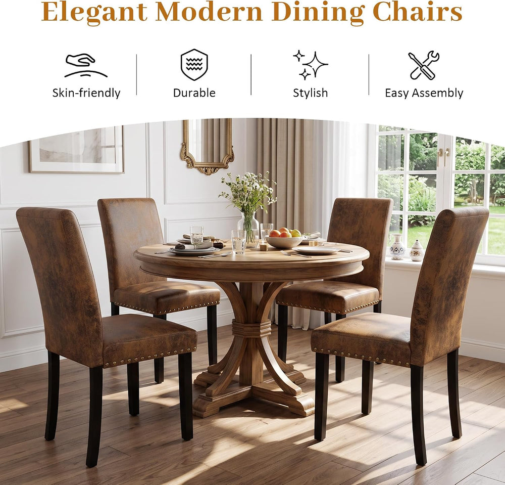 Dining Chairs Set of 4, Vintage Brown Kitchen Chairs with Nailhead Trim | Com...