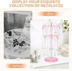 iDavosic.ly 2 Tier Rotating Necklace Holder Organizer with 42 Hooks, Adjustable Metal Bracelet Display Stand Rack, Extra Tall Keychain Spinning Tree Tower for Women, Pink