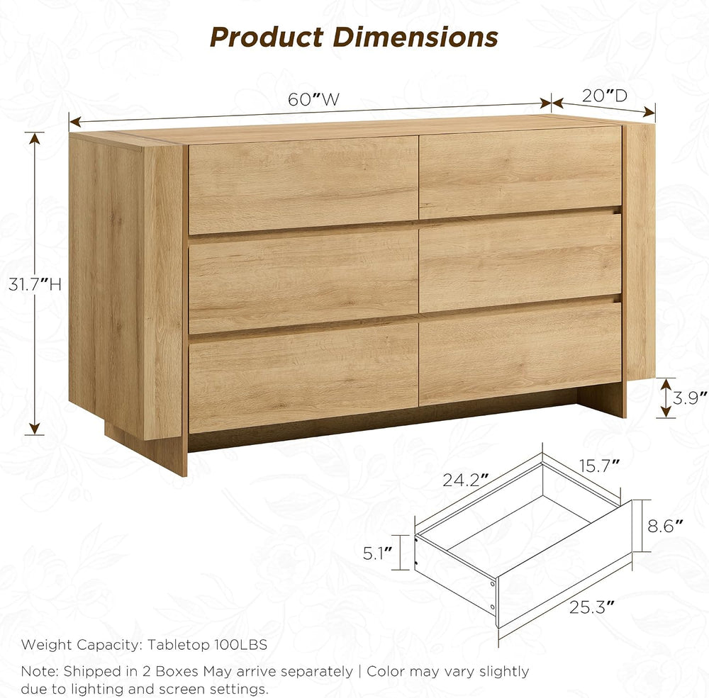 OKD 60" Modern 6 Drawer Dresser for Bedroom, 20" Depth for More Sto...