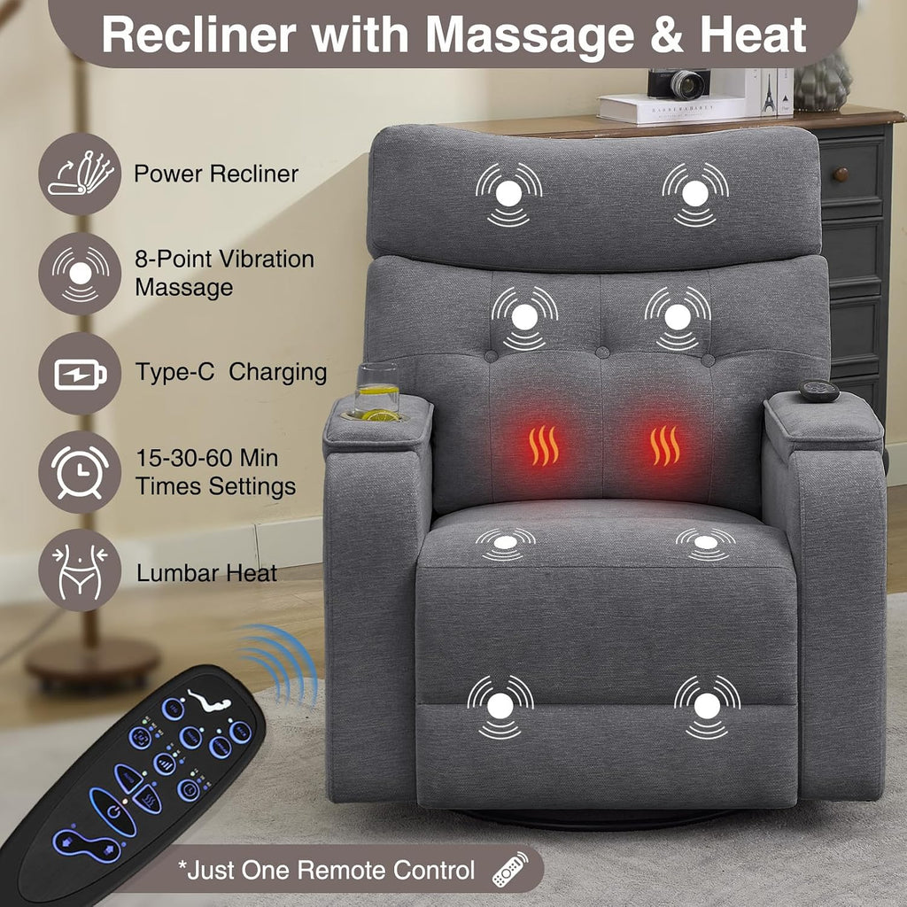 Power Swivel Rocker Recliner with Massage&Heat,Swivel Glider Recliner Chair | Nursery Rocking Recliner with Type-C Port&Timing,Power Swivel Reclining Glider Chair with Dual Storage Arms&Cup Holder Grey
