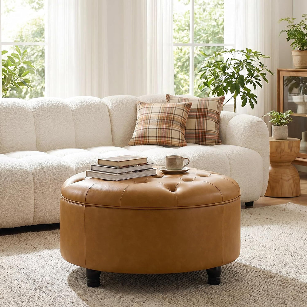 30-Inch Round Storage Ottoman, Leather Ottoman (Bright Orange) | Button Tufte...