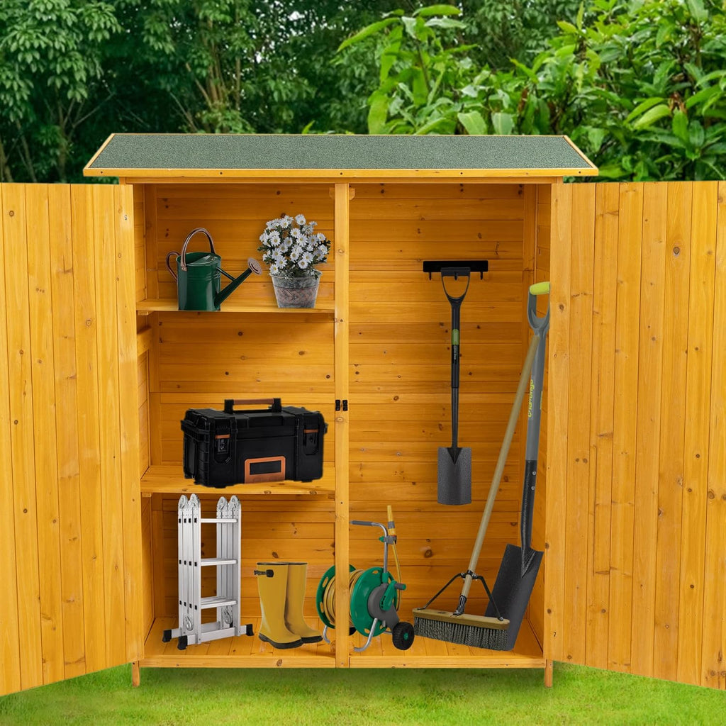56" x 19.5" x 64" Outdoor Wooden Storage Shed with Lockable Door, Detachable Shelves & Waterproof Asphalt Roof for Garden Tools, Pool Supplies, Lawn Equipment