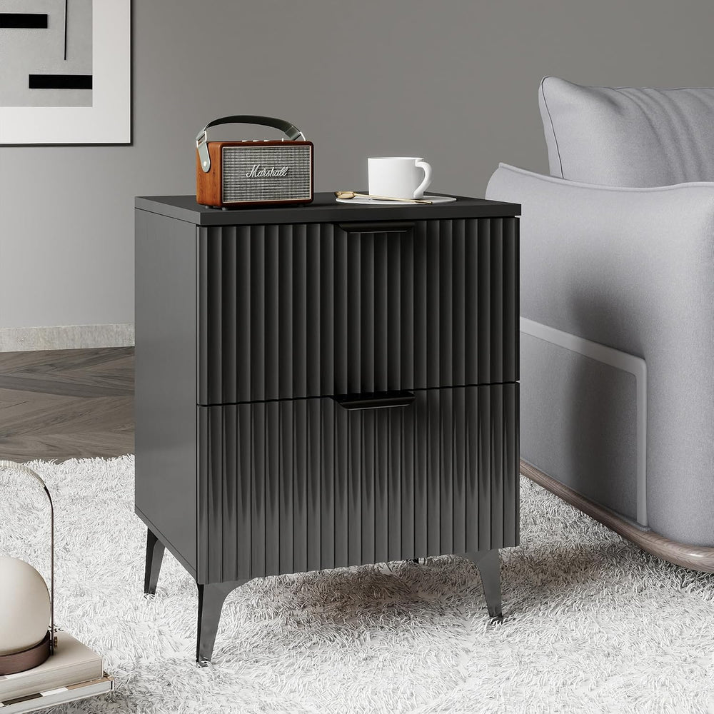 Wood Nightstand Set of 2, Fluted Bedside Tables with 2 Drawers