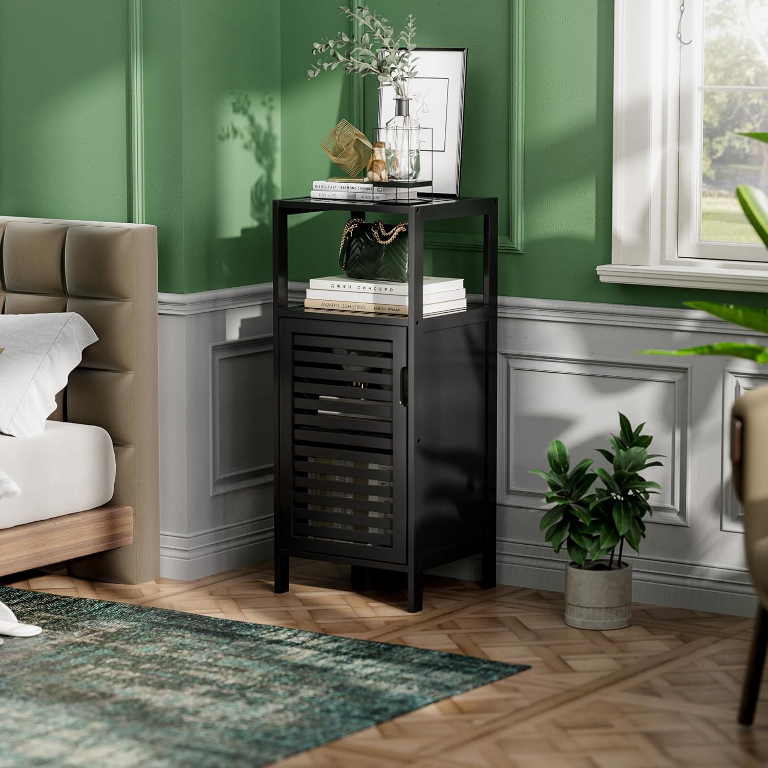 HITNET Bamboo Floor Cabinet, Small Bathroom Cabinet Floor Standing, 4 Tier Narrow Side Storage Cabinet, Space Saving Kitchen Cupboard with Single Door, Black