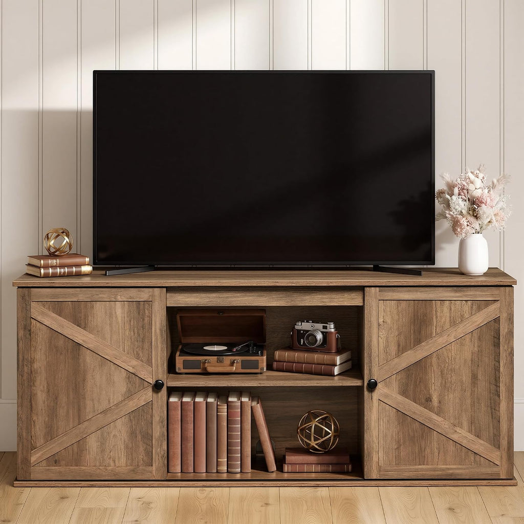 VASAGLE Farmhouse TV Stand for TVs up to 65 Inches, Entertainment Center with Storage Cabinets and Sliding Barn Doors, Media Console Table for Living Room, Honey Brown ULTV535K101