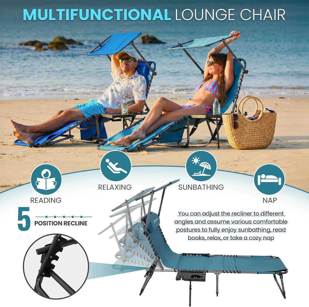 FUNDANGO Heavy Duty Tanning Chair with Face Hole & Canopy, 400lbs Beach L...
