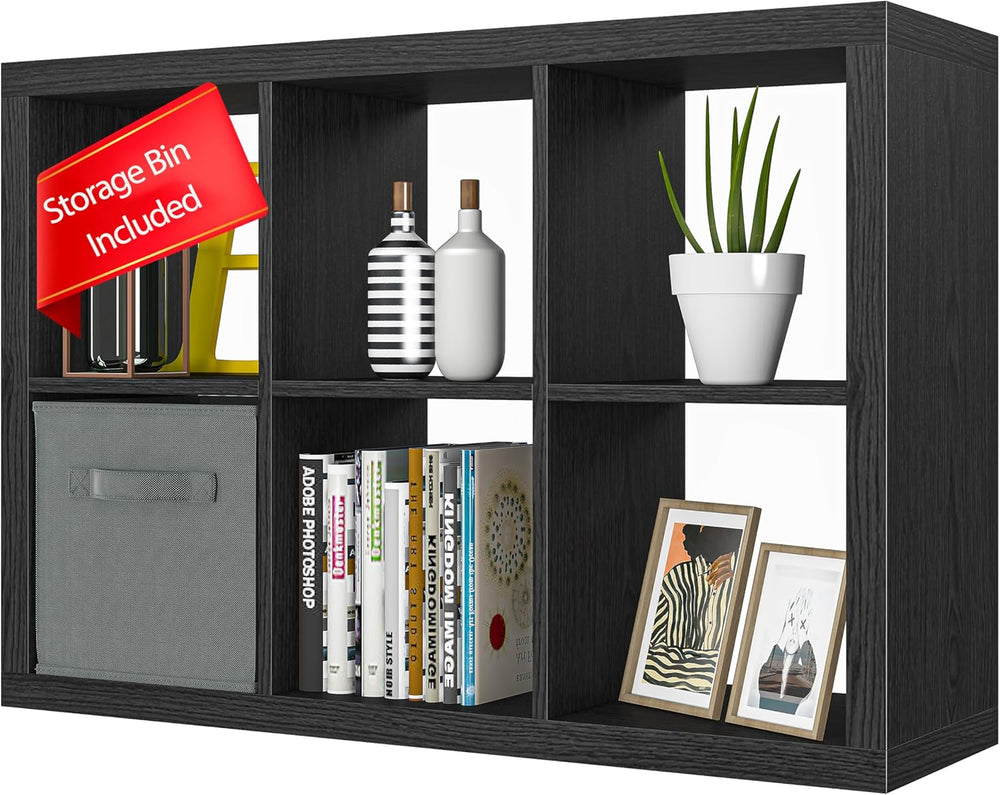 Bookshelf with Storage Bin, 6-Cube Storage Organizer, Modern Wood Open Bookca...