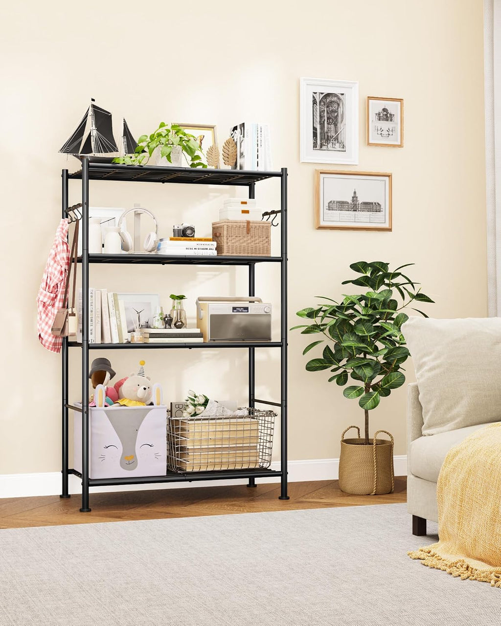 Sakugi Storage Shelves - 4-Tier Spacious Shelf Organizer with Hooks & Leveling Feet, Easy to Assemble, Rust-Resistant Garage Shelving for Kitchen, Pantry, Bedroom, 33.2" x 12.7" x 57.3", Black