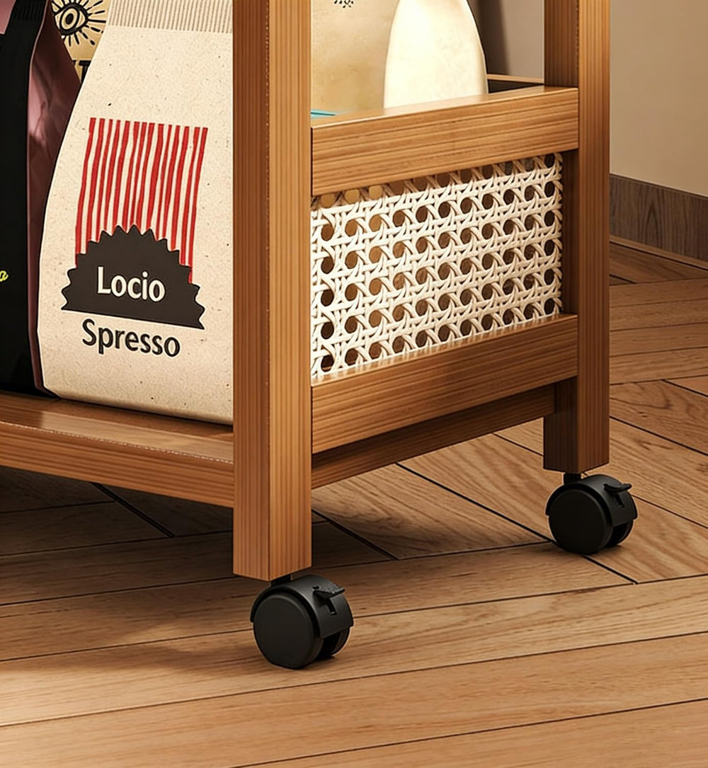 2-Tier Rolling Cart,Open Rattan Bookcase and Bookshelf,Mobile Bookshelf with ...