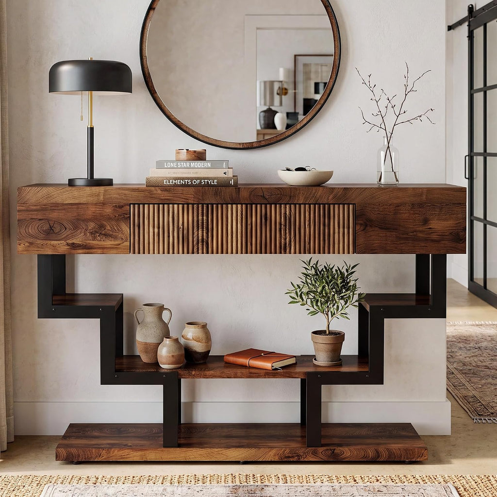 47.3" Console Table with Fluted Drawers, 3-Tier Modern Entryway Table with Geometric Black Metal Frame, Luxury Sofa Table for Living Room, Hallway, Foyer（Walnut Oak