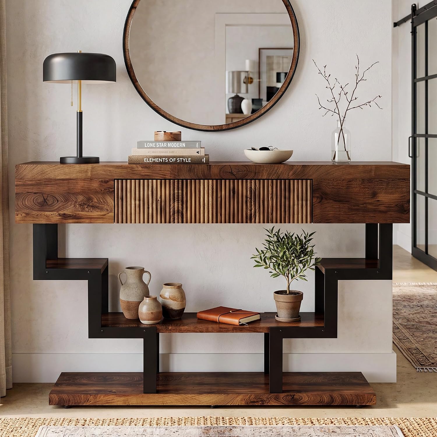 47.3" Console Table with Fluted Drawers, 3-Tier Modern Entryway Table with Geometric Black Metal Frame, Luxury Sofa Table for Living Room, Hallway, Foyer（Walnut Oak