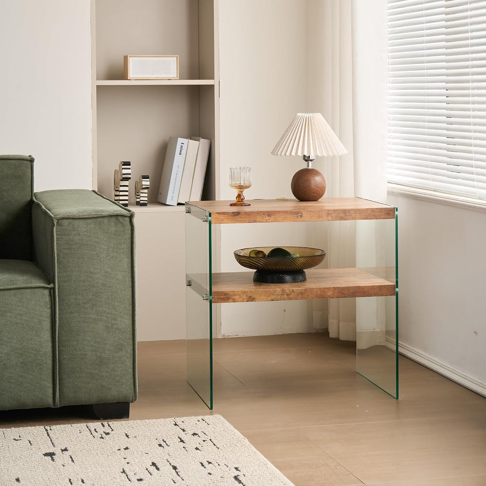 Glass Side Table Modern Design: Two-Tier Walnut MDF Frame & Tempered Glas...