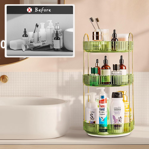 360 Rotating Makeup Organizer - Large Capacity Spinning Perfume & Cosmetic Skincare Holder for Vanity & Countertop (Gem Green, 3 Tier)