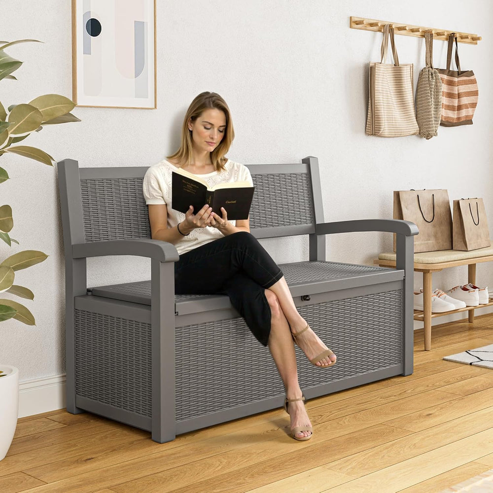 80 Gallon Outdoor Storage Box, Resin Patio Furniture with Armrest, Lockable D...