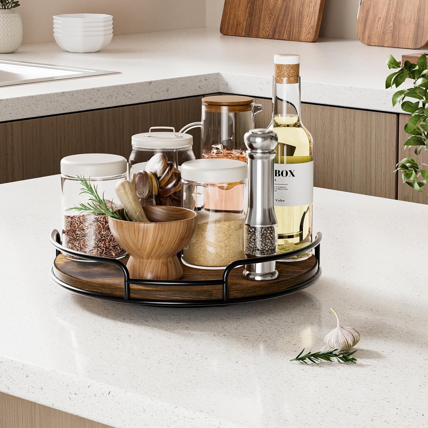 WOWBOX 9" Wood Lazy Susan Turntable Organizer for Cabinet, Pantry & Counter | Smooth 360° Rotation, Space-Saving Wooden Organizer for Spice Jars, Kitchen, Bathroom, Vanity & Tabletop