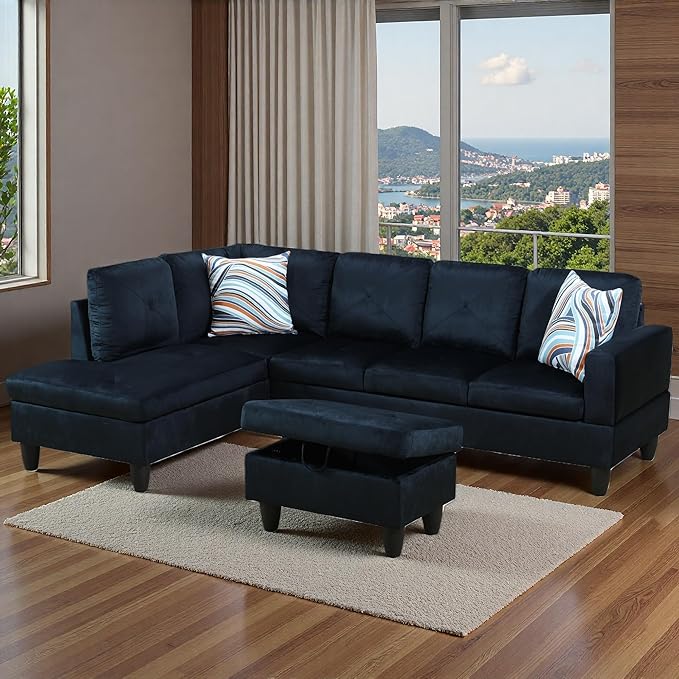 Sectional Couches for Living Room with Movable Chaise & Storage Ottoman - 97.5" Velvet L Shaped Couches for Living Room Apartment, 4 Seat Home Furniture Modular Sectional Sofas, Black Blue