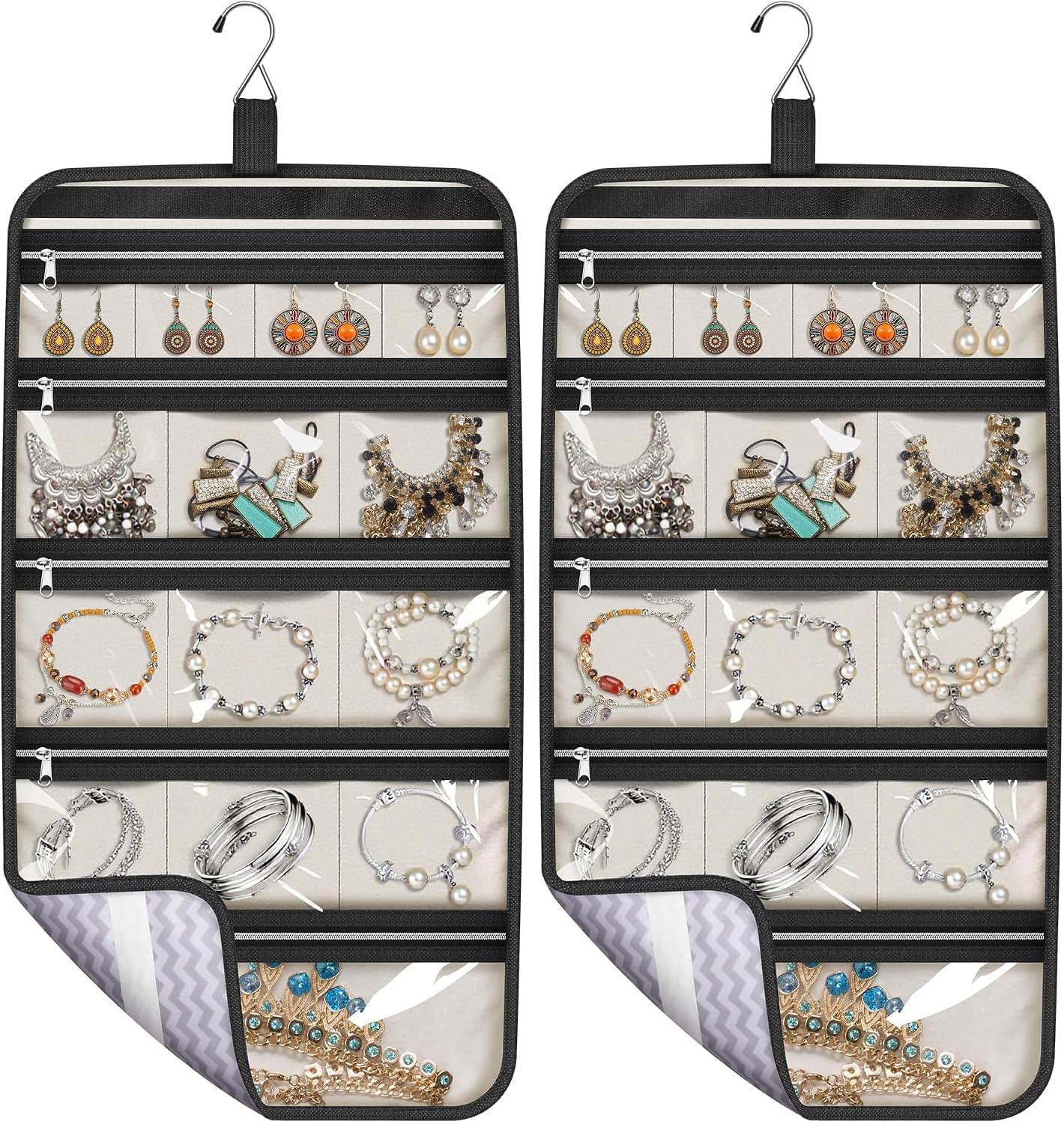 MISSLO Hanging Jewelry Organizer Travel Foldable Jewelry Roll Storage Case with 14 Cotton Zippered Pockets for Traveling, Closet, Suitcase (Pack of 2)