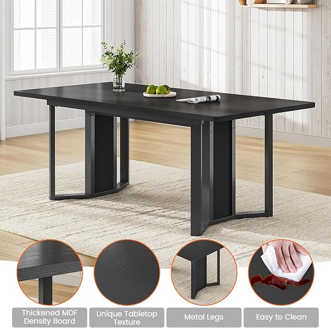 Itaar 5-Piece Dining Table Set for 4-6 People, 63" Extendable Kitchen Table and 4 Cushion Chairs, Dining Room Table with MDF Board & Metal Frame for Small Space, Easy Clean, Black
