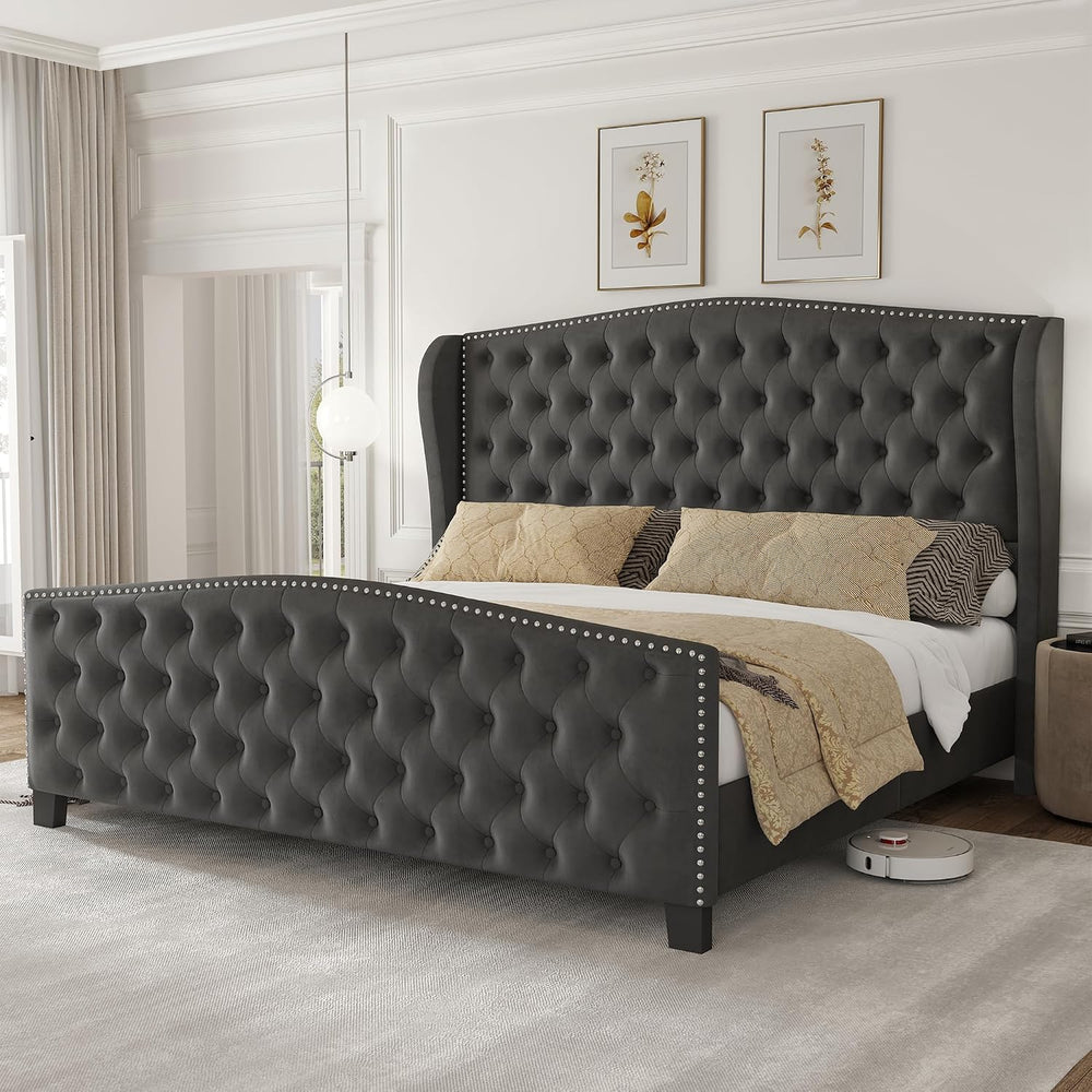 LARMACE King Size Bed Frame Velvet Upholstered Platform Bed with Wingback Hea...
