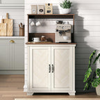 JOINICE Farmhouse Coffee Bar Cabinet with Storage and Charging, White | Herringbone Panel,31.5" Countertop Space,Loads To 100lbs,Open Top Shelf+Adjustable Shelf,USB/AC,6-Hook,Easy Assembly