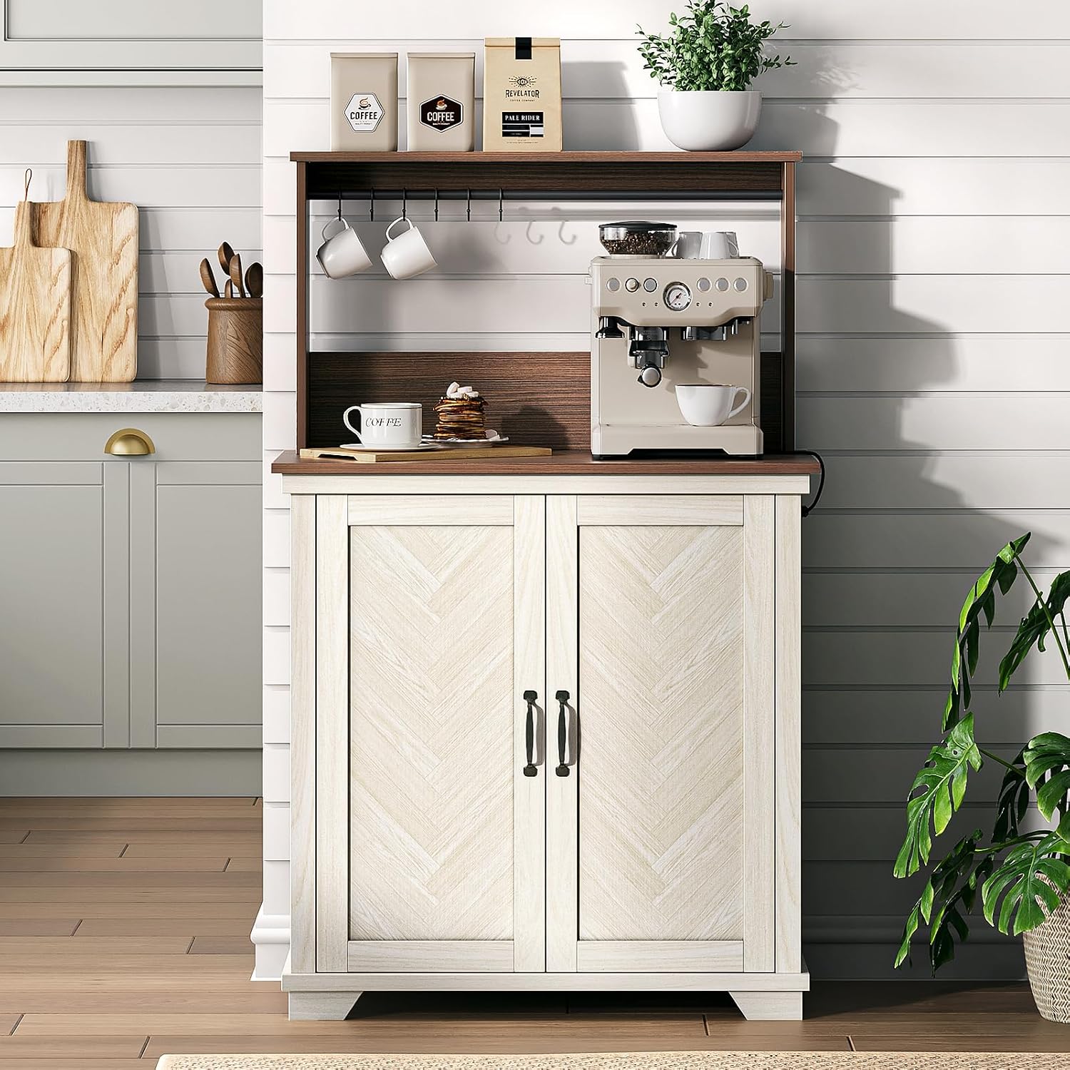JOINICE Farmhouse Coffee Bar Cabinet with Storage and Charging, White | Herringbone Panel,31.5" Countertop Space,Loads To 100lbs,Open Top Shelf+Adjustable Shelf,USB/AC,6-Hook,Easy Assembly