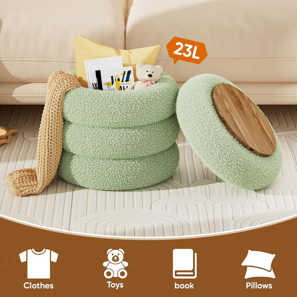Soft Teddy Round Ottoman with Tray, 17.5 Inches Ottoman Coffee Table with Sto...