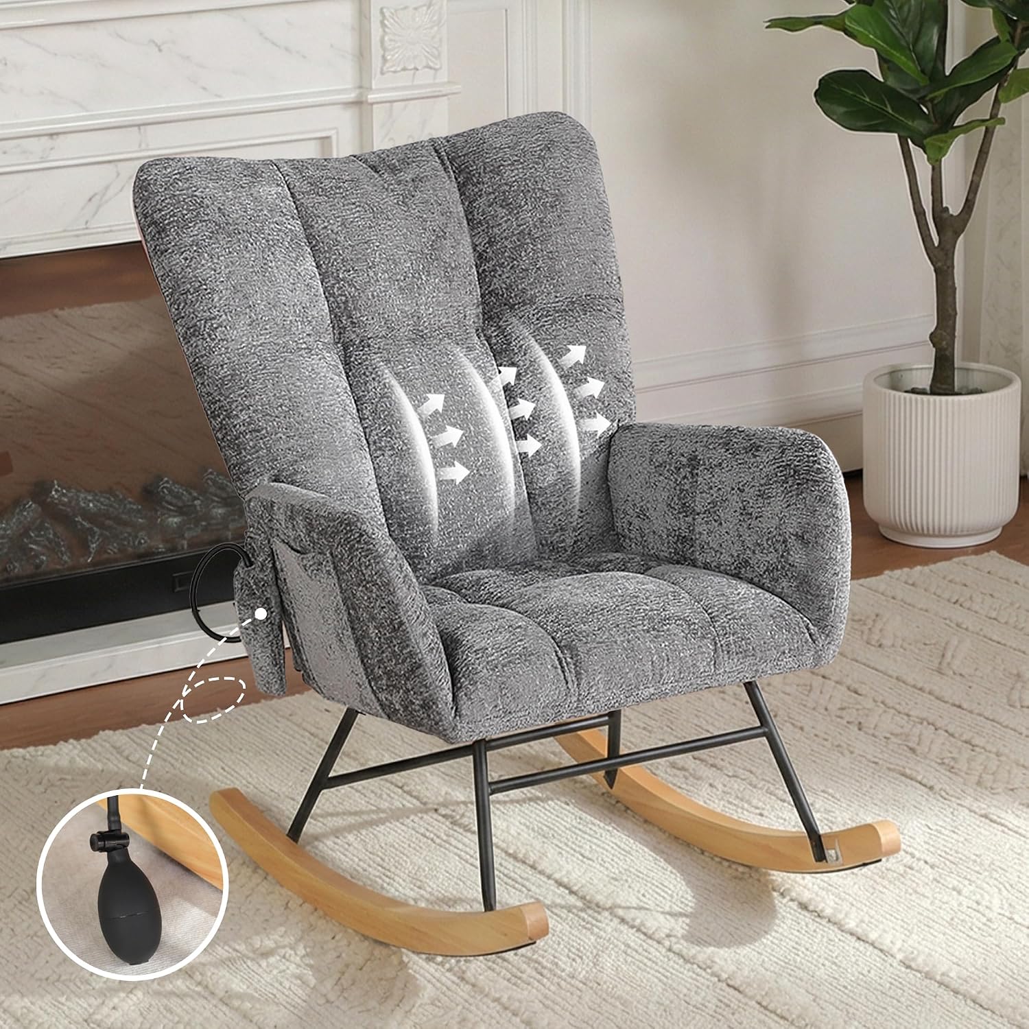 Rocking Chair with Airbag, Comfy Modern Reading & Nursing Nursery Rocking Chair Indoor, Cozy Upholstered Glider Rocker Chairs for Living Room Bedroom Offices, (Chenille, Dark Grey)
