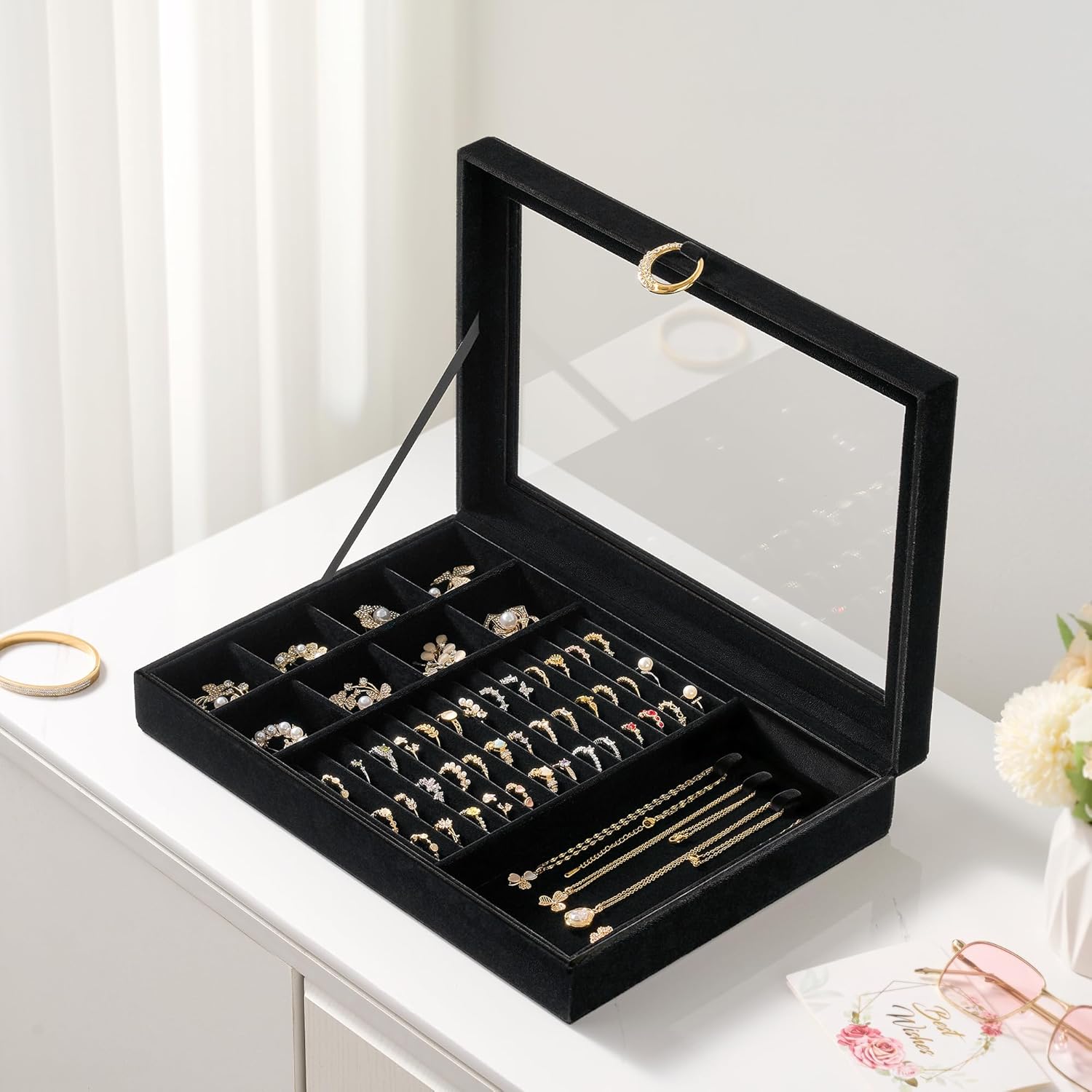 bussdis Glass Lid Jewelry Organizer Box – Black Velvet Jewelry Case with Ring Slots, Necklace Hooks & Removable Compartments for Earrings, Rings & Bracelets