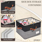 2 Pack Shoe Organizer for Closet with Adjustable Divider Shoe Storage Box | Fits 16-32 Pairs Stackable Foldable Shoe Bin with Clear Cover for Sneaker Boot Heel Sandal Dorm Space Saving Black and Grey