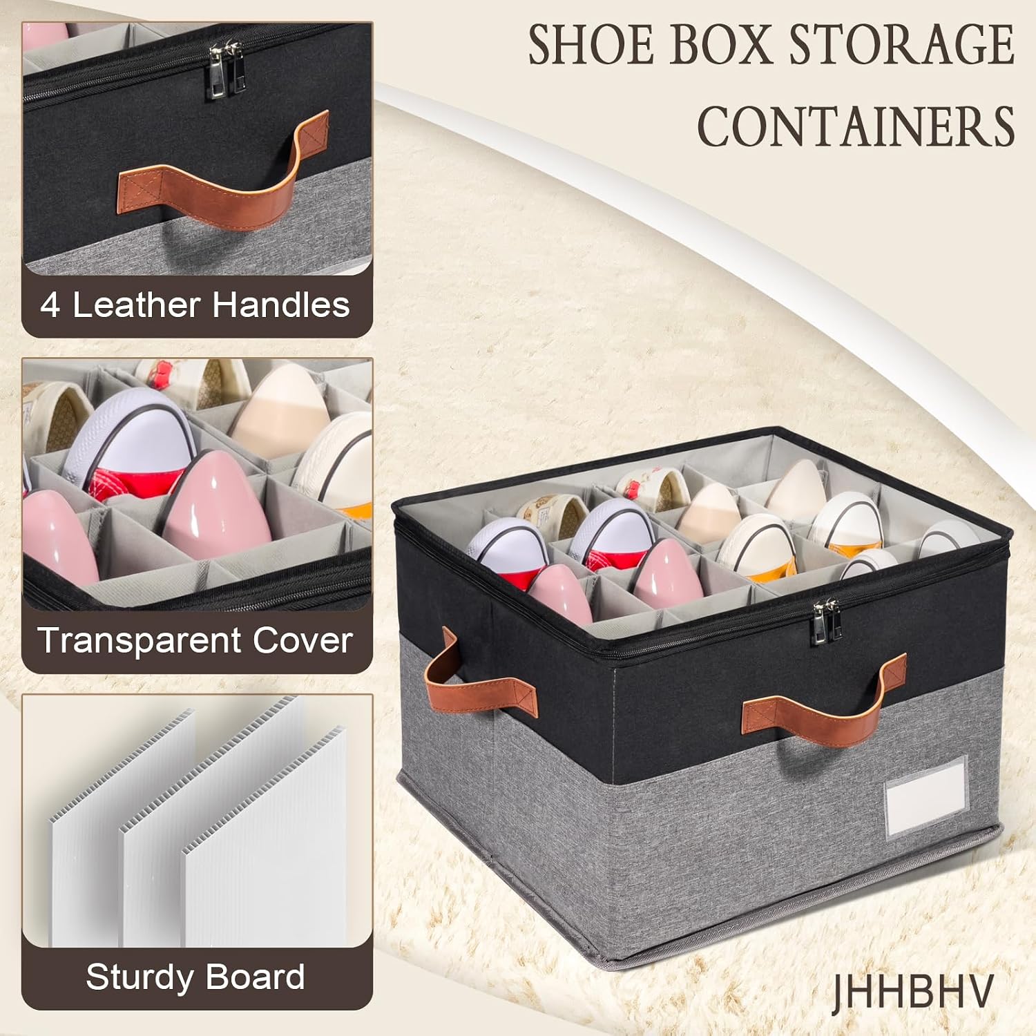 2 Pack Shoe Organizer for Closet with Adjustable Divider Shoe Storage Box | Fits 16-32 Pairs Stackable Foldable Shoe Bin with Clear Cover for Sneaker Boot Heel Sandal Dorm Space Saving Black and Grey