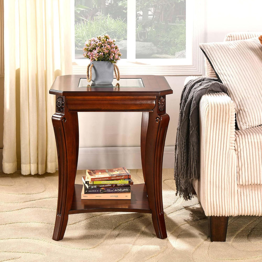 Square High End Side Table with Tempered Glass Top, Farmhouse Sofa Beside Tab...
