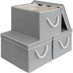 StorageWorks Storage Bins with Lids, Decorative Storage Boxes with Lid and Soft Rope Handles, Foldable Storage Baskets for Closet, Shelves, Stackable, 3-Pack, Gray, Jumbo