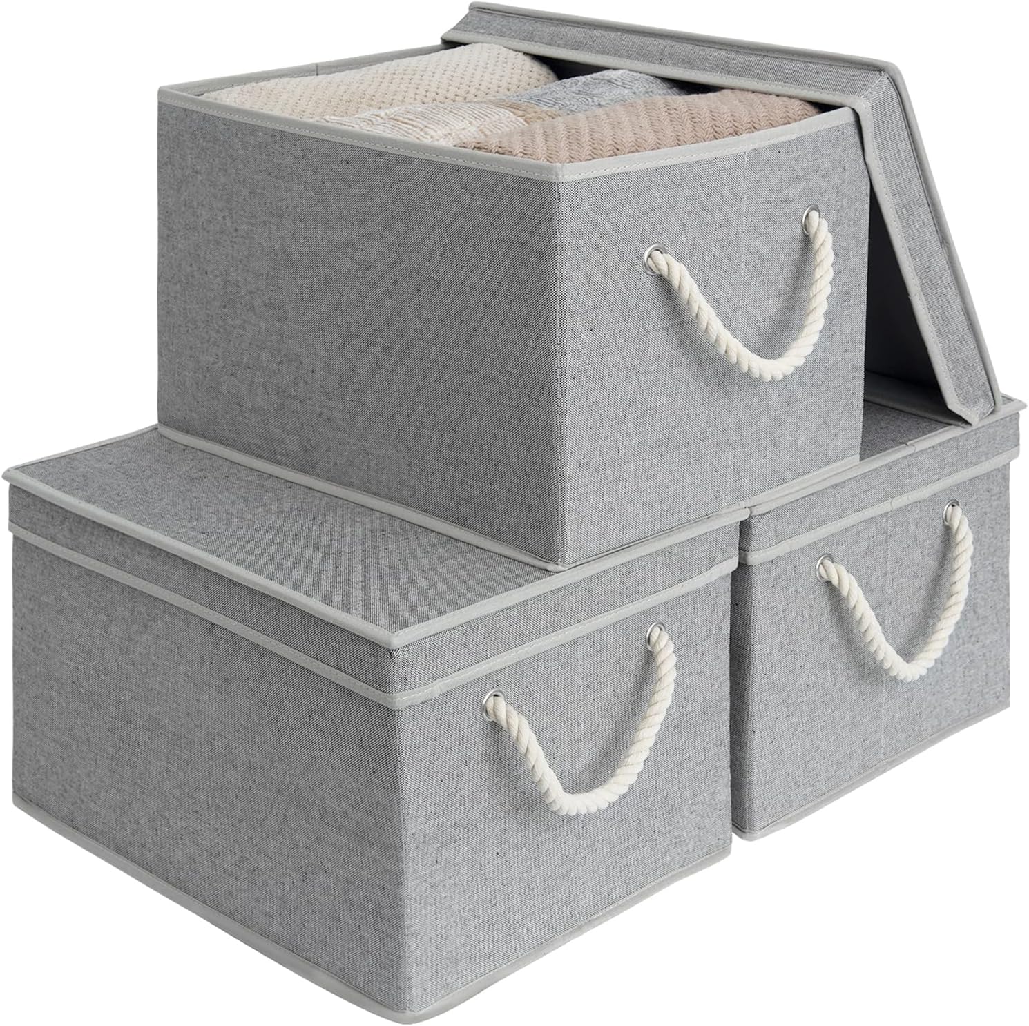 StorageWorks Storage Bins with Lids, Decorative Storage Boxes with Lid and Soft Rope Handles, Foldable Storage Baskets for Closet, Shelves, Stackable, 3-Pack, Gray, Jumbo