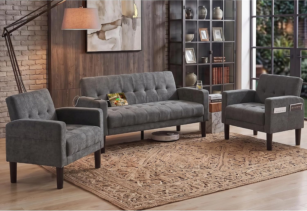 3 Piece Dark Grey Fabric Linen Mid Century Modern Living Room Sofa Set