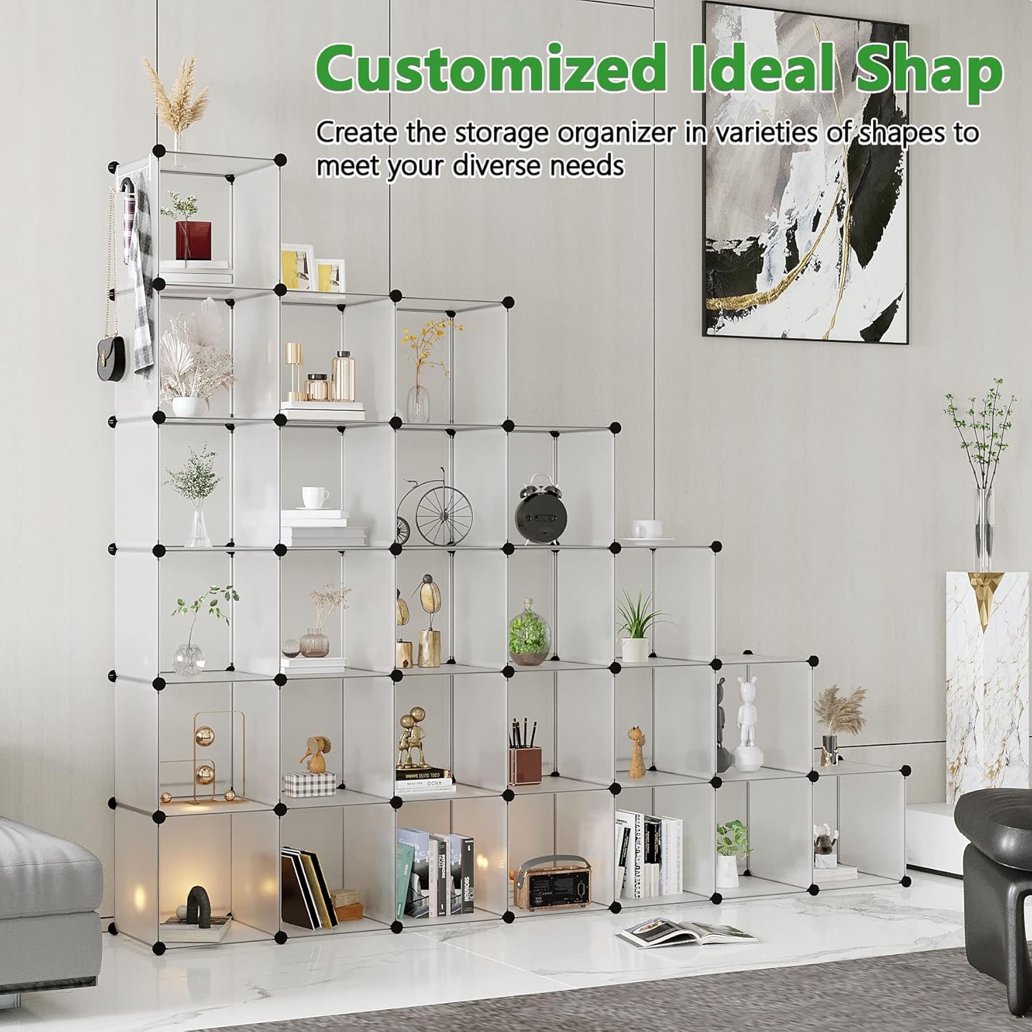 C&AHOME Cube Storage Organizer, 30-Cube Shelves Units, Closet Cabinet, DIY Plastic Modular Book Shelf, Ideal for Bedroom, Living Room, Office, 60.6" L x 12.4" W x 72.6" H Transparent White UPCS30W