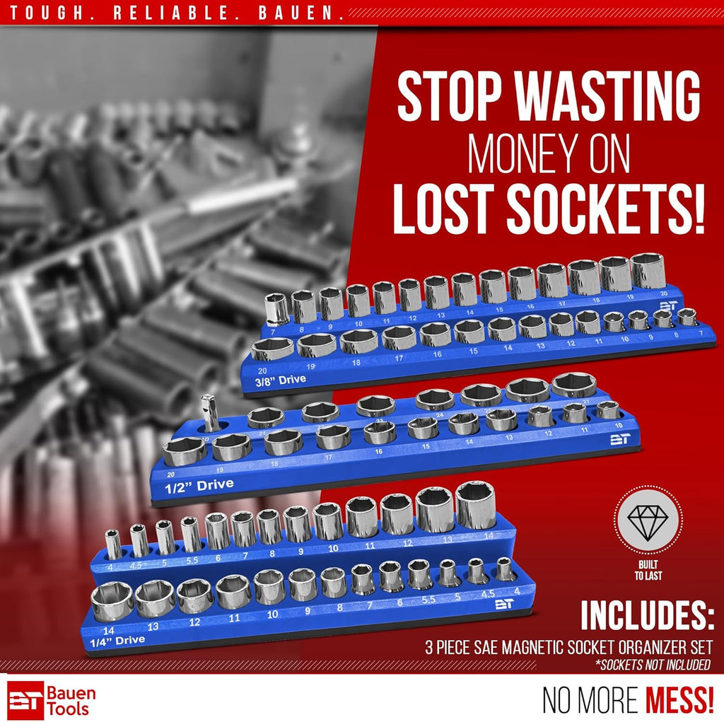 Magnetic Socket Organizer Set -3 Piece Metric Magnetic Socket Holder Set Blue - 1/2-inch, 3/8-inch & 1/4-inch Drive, Holds 75 Sockets, Professional Grade Socket Tray Organizer. NEW VERSION