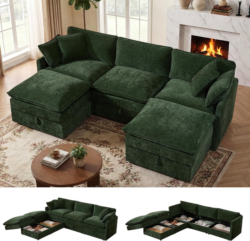 WorthFurni Modular Sectional Sofa with Storage Ottomans,103" U-Shaped Cl...