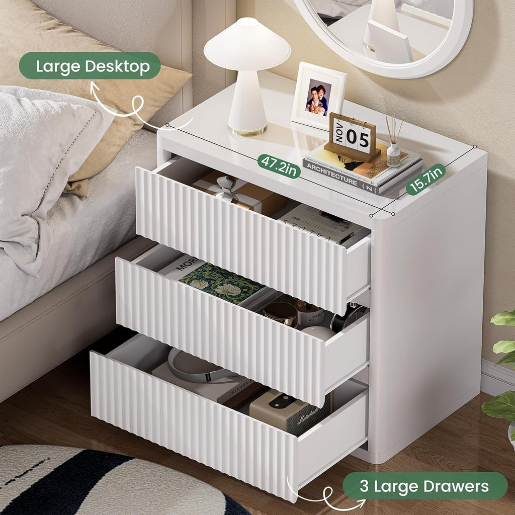 White Nightstand Set of 2, 3 Drawers Night Stand Set, Mid Century Modern Bed Side Table, Large Fluted End Table for Bedroom Living Room Sofa Couch Home Office, Bedside Table with Storage, 24.8” Wide