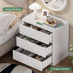 White Nightstand Set of 2, 3 Drawers Night Stand Set, Mid Century Modern Bed Side Table, Large Fluted End Table for Bedroom Living Room Sofa Couch Home Office, Bedside Table with Storage, 24.8” Wide