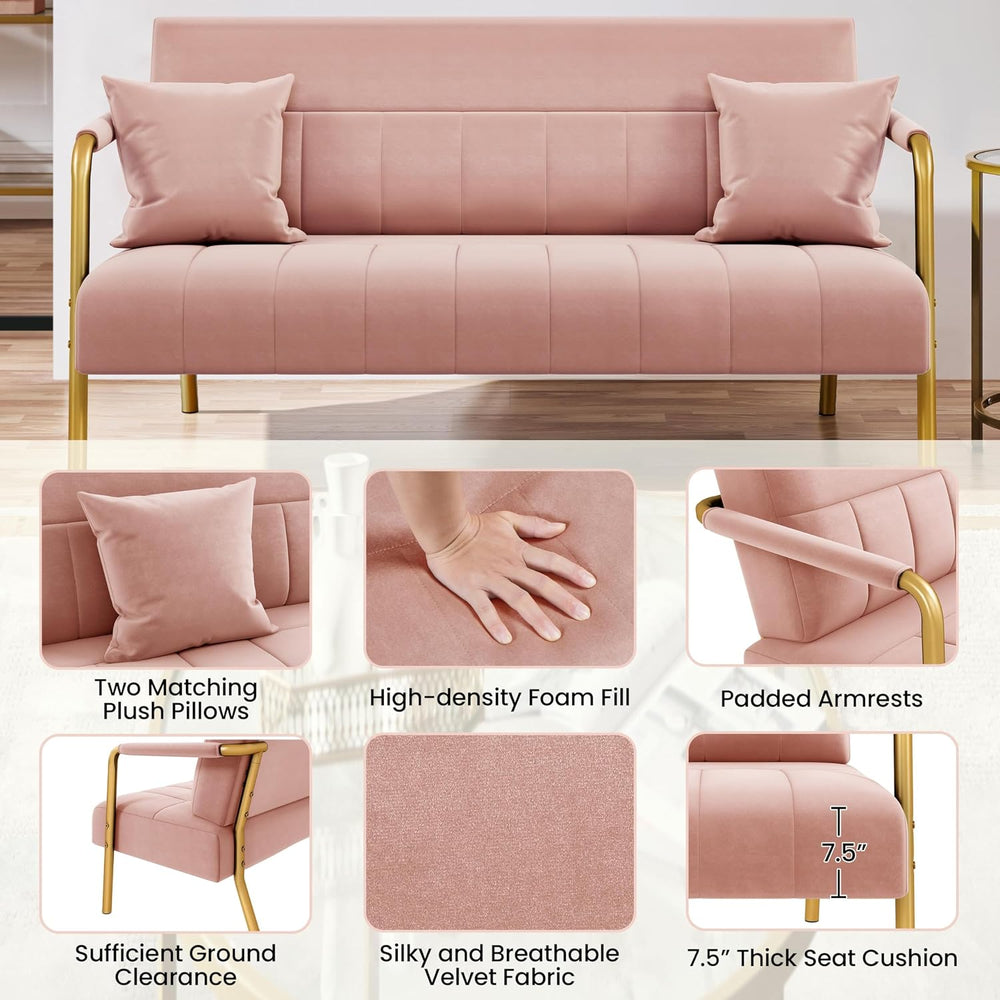 Yaheetech 56.5" Smal Sofa 2 Seater Couch with Gold-Tone Legs, Pink | Sma...